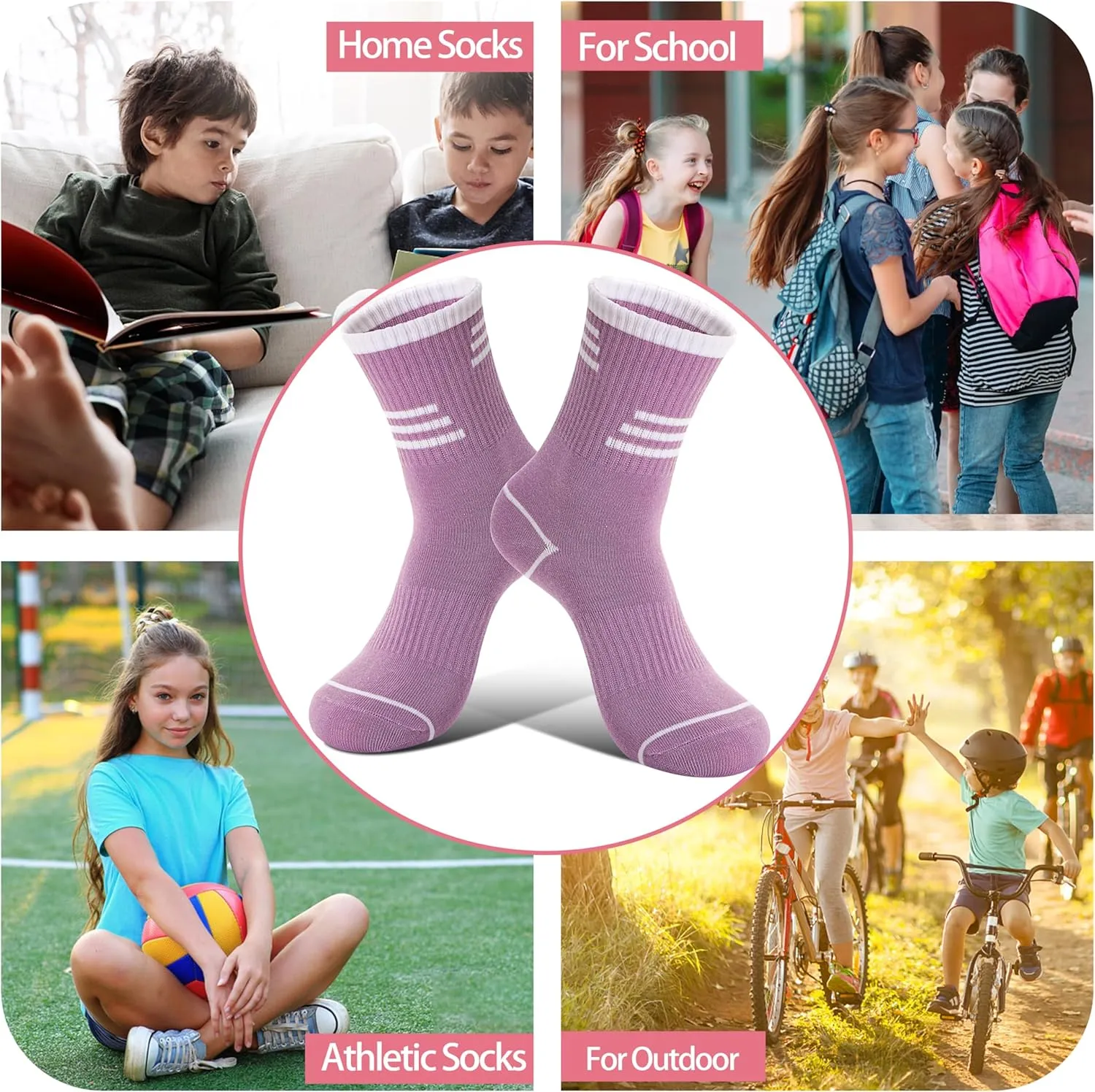 6 Pairs Kids Boys Girls Socks Athletic Basketball Youth Sport Crew Cotton Breathable Soft Socks