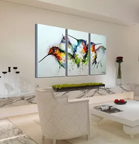 ARTLAND MODERN 100% HAND PAINTED FRAMED WALL ART "COLORFUL BIRDS" 3-PIECE ANIMAL OIL PAINTING ON CANVAS FOR LIVING ROOM ARTWORK FOR WALL DECOR HOME DECORATION 28X42 INCHES