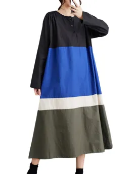 ellazhu Women's Autumn Loose Patchwork Pullover Crew Neck Long Dress GZ20