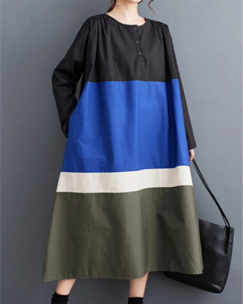 ellazhu Women's Autumn Loose Patchwork Pullover Crew Neck Long Dress GZ20