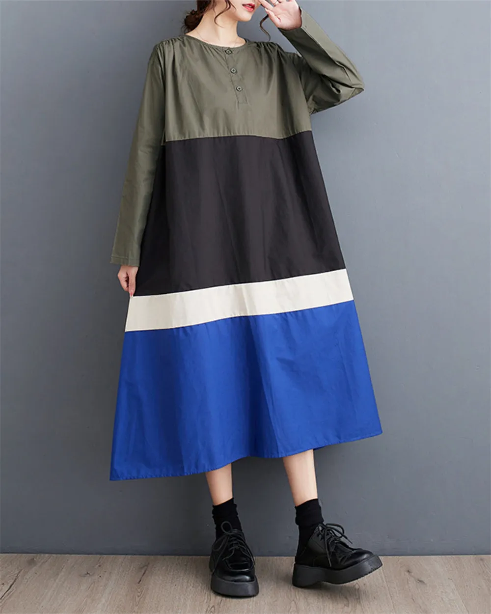 ellazhu Women's Autumn Loose Patchwork Pullover Crew Neck Long Dress GZ20
