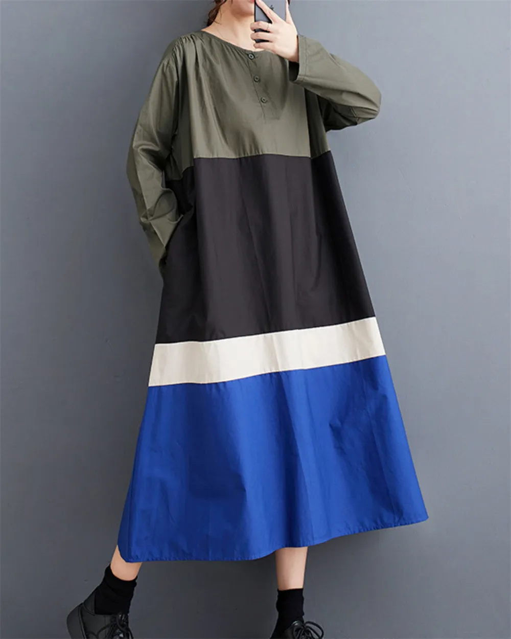 ellazhu Women's Autumn Loose Patchwork Pullover Crew Neck Long Dress GZ20