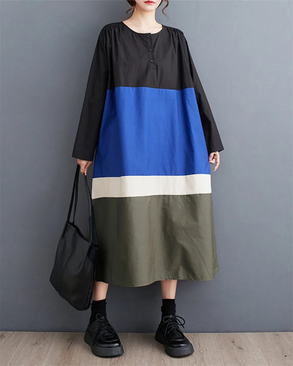 ellazhu Women's Autumn Loose Patchwork Pullover Crew Neck Long Dress GZ20