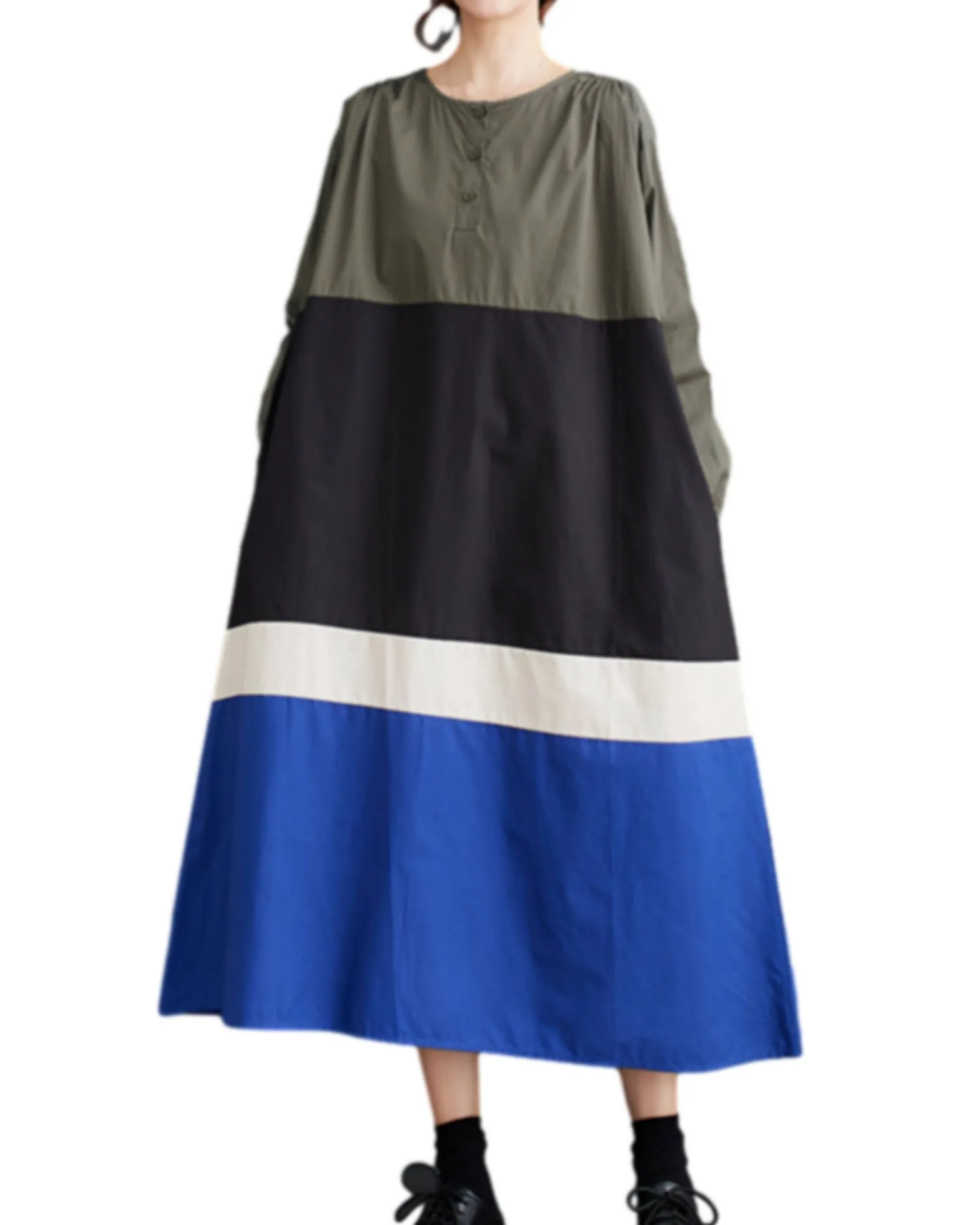 ellazhu Women's Autumn Loose Patchwork Pullover Crew Neck Long Dress GZ20