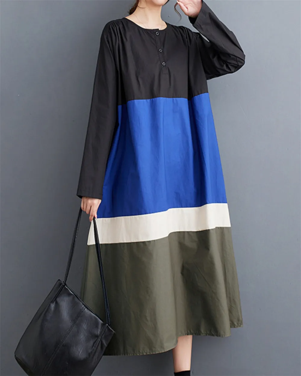 ellazhu Women's Autumn Loose Patchwork Pullover Crew Neck Long Dress GZ20