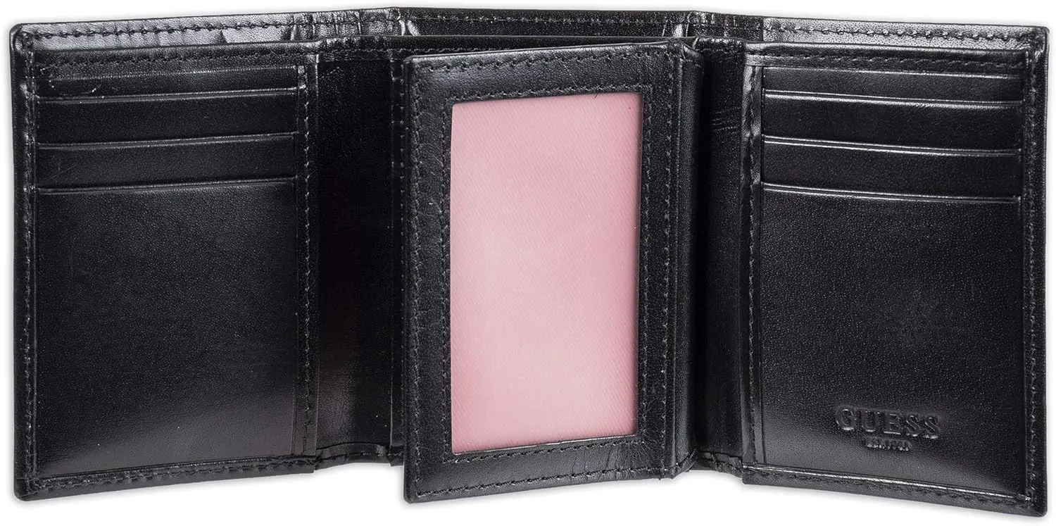 Guess Men's Leather Trifold Wallet With ID Window, Credit Card Slots, Bill Compartment, Extra Storage, and Gift Box Packaging
