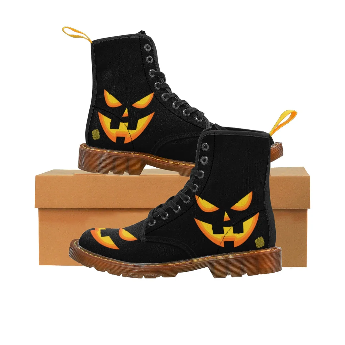Halloween Pumpkin Face Men's Boots, Lace-Up Winter Hiking Canvas Boots Shoes For Men