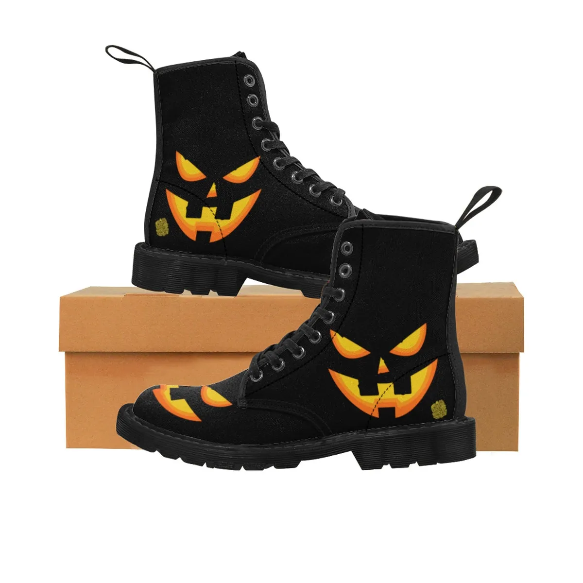 Halloween Pumpkin Face Men's Boots, Lace-Up Winter Hiking Canvas Boots Shoes For Men