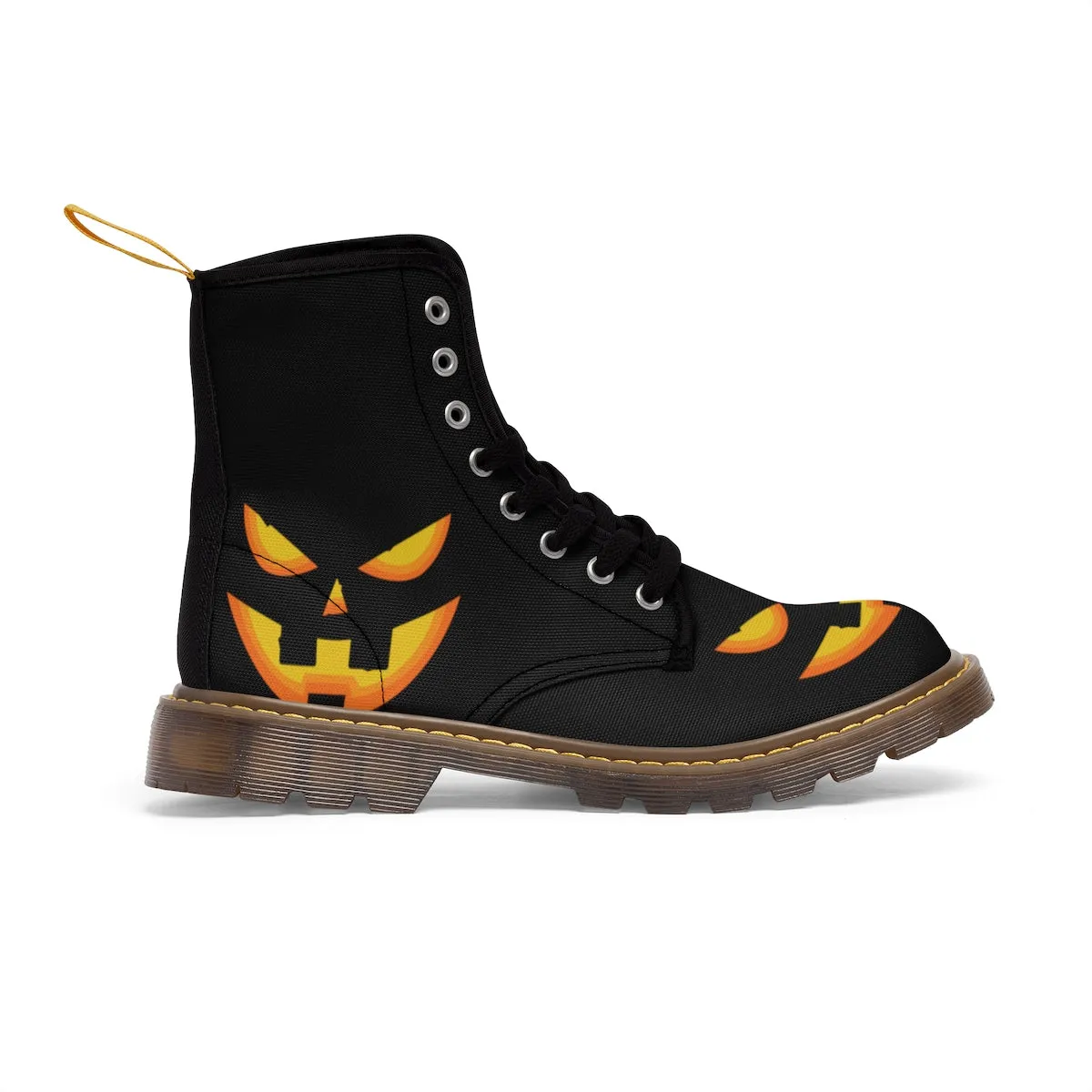 Halloween Pumpkin Face Men's Boots, Lace-Up Winter Hiking Canvas Boots Shoes For Men
