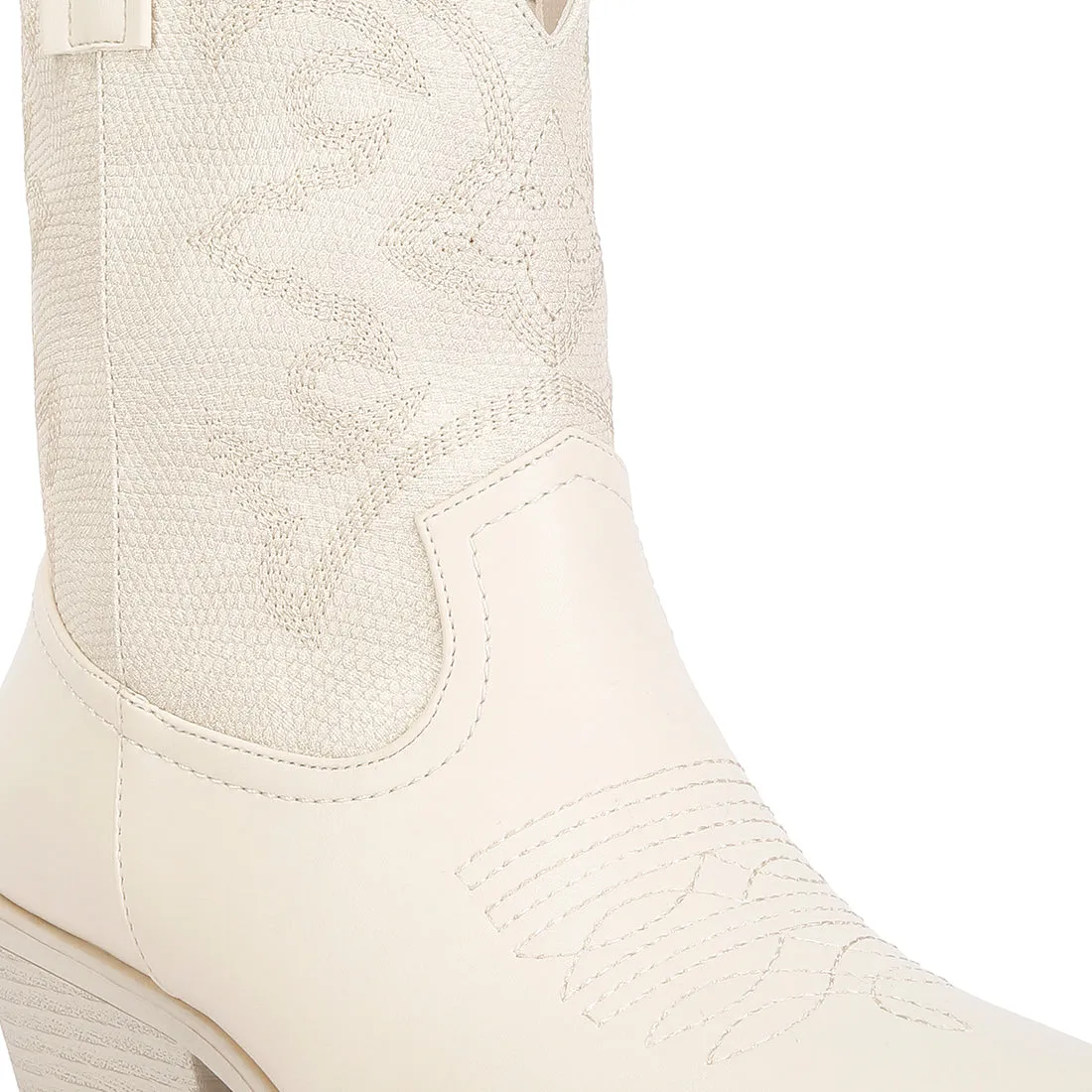 Patchwork Detail Low Heel Cowboy Boots In Beige