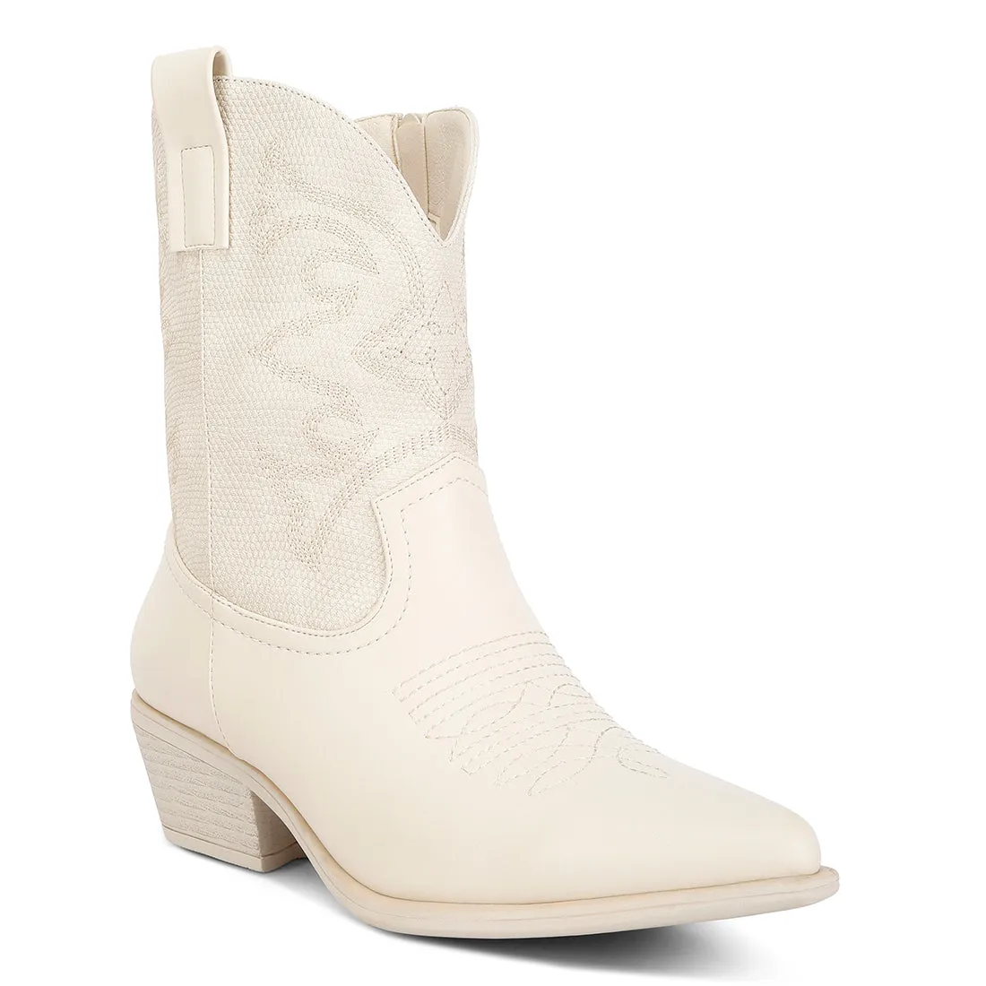 Patchwork Detail Low Heel Cowboy Boots In Beige