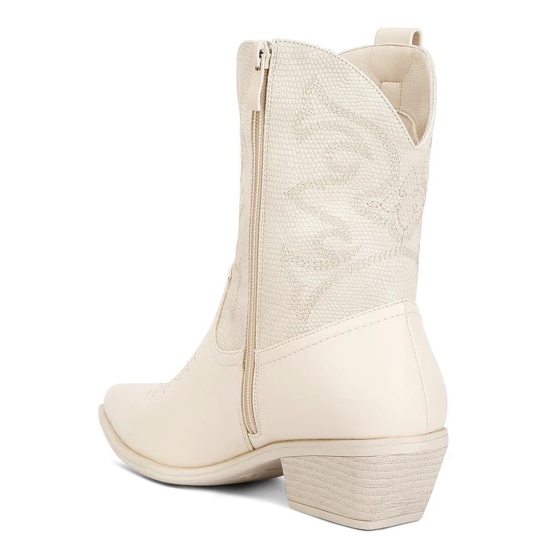 Patchwork Detail Low Heel Cowboy Boots In Beige