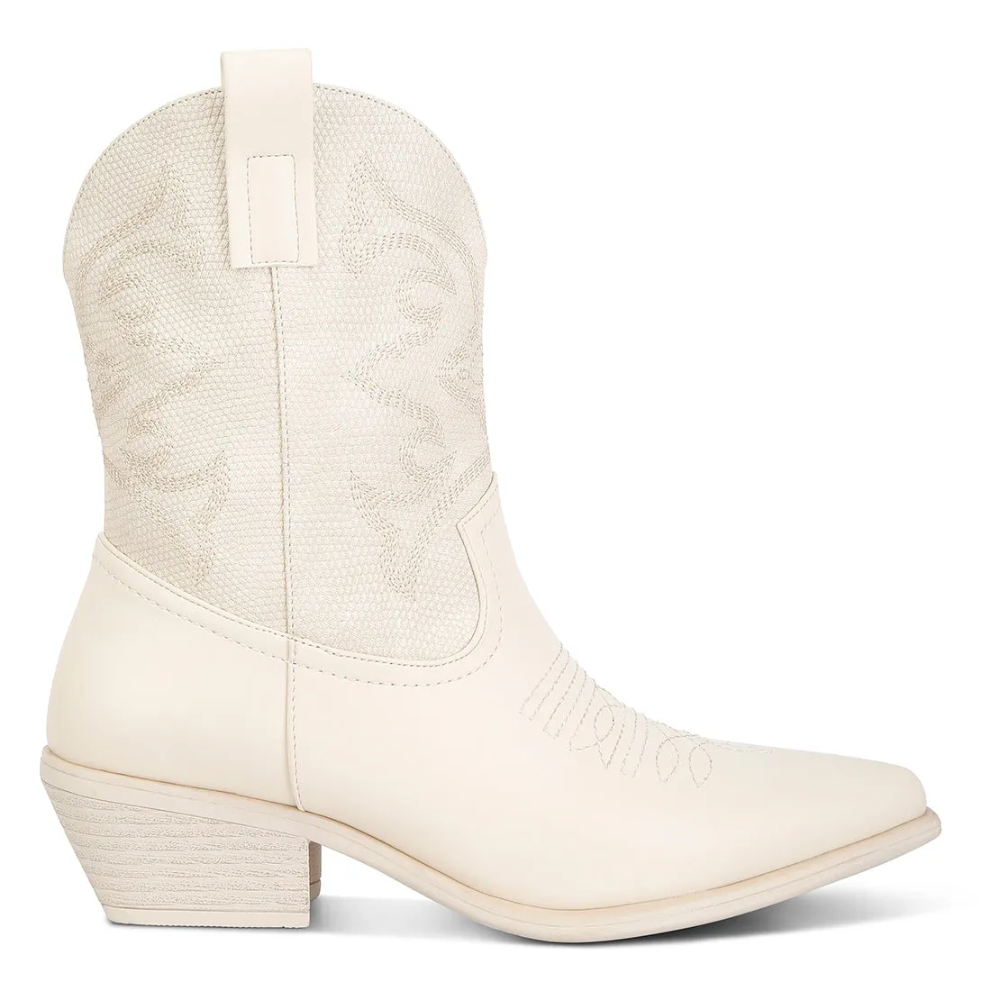 Patchwork Detail Low Heel Cowboy Boots In Beige