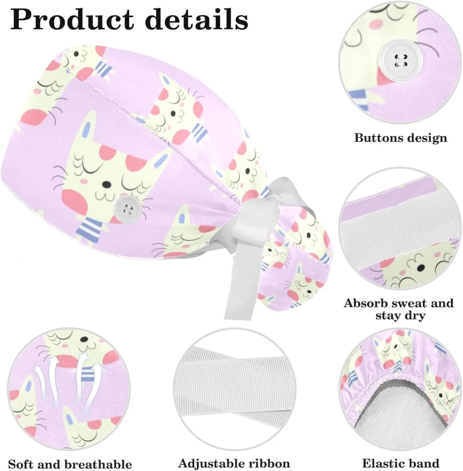 Scrub Cap with Scrunchies, Rainbow Working Hat Hair Cover, Elastic Bandage Tie Back Hats for Women