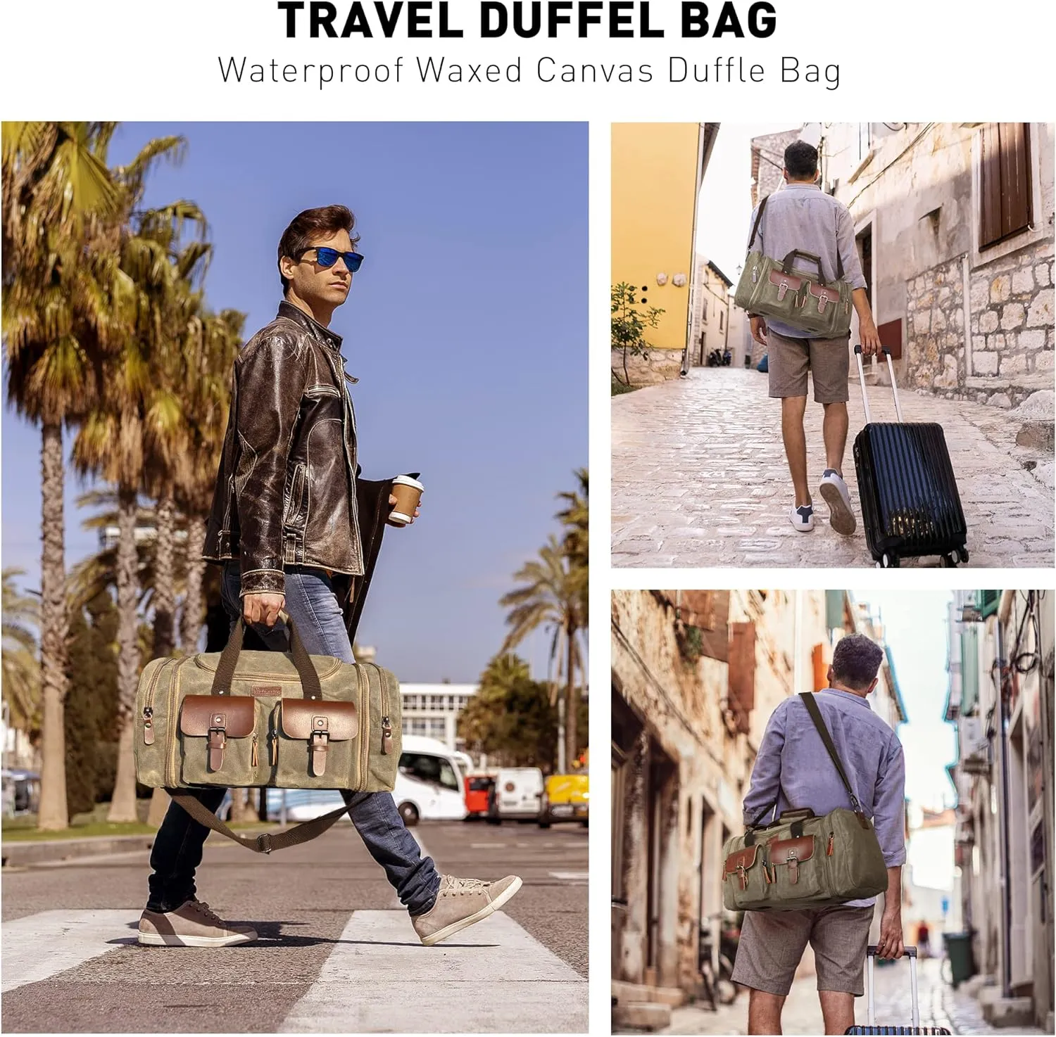 Wildroad Waxed Canvas Duffle Bag - 50L Waterproof Weekender Overnight Travel Bag